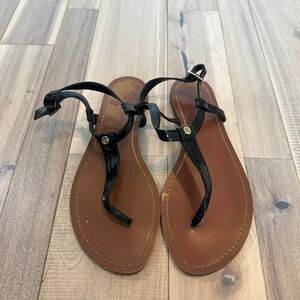 Polo Ralph Lauren Black leather thong sandals with gold logo Sz 8.5